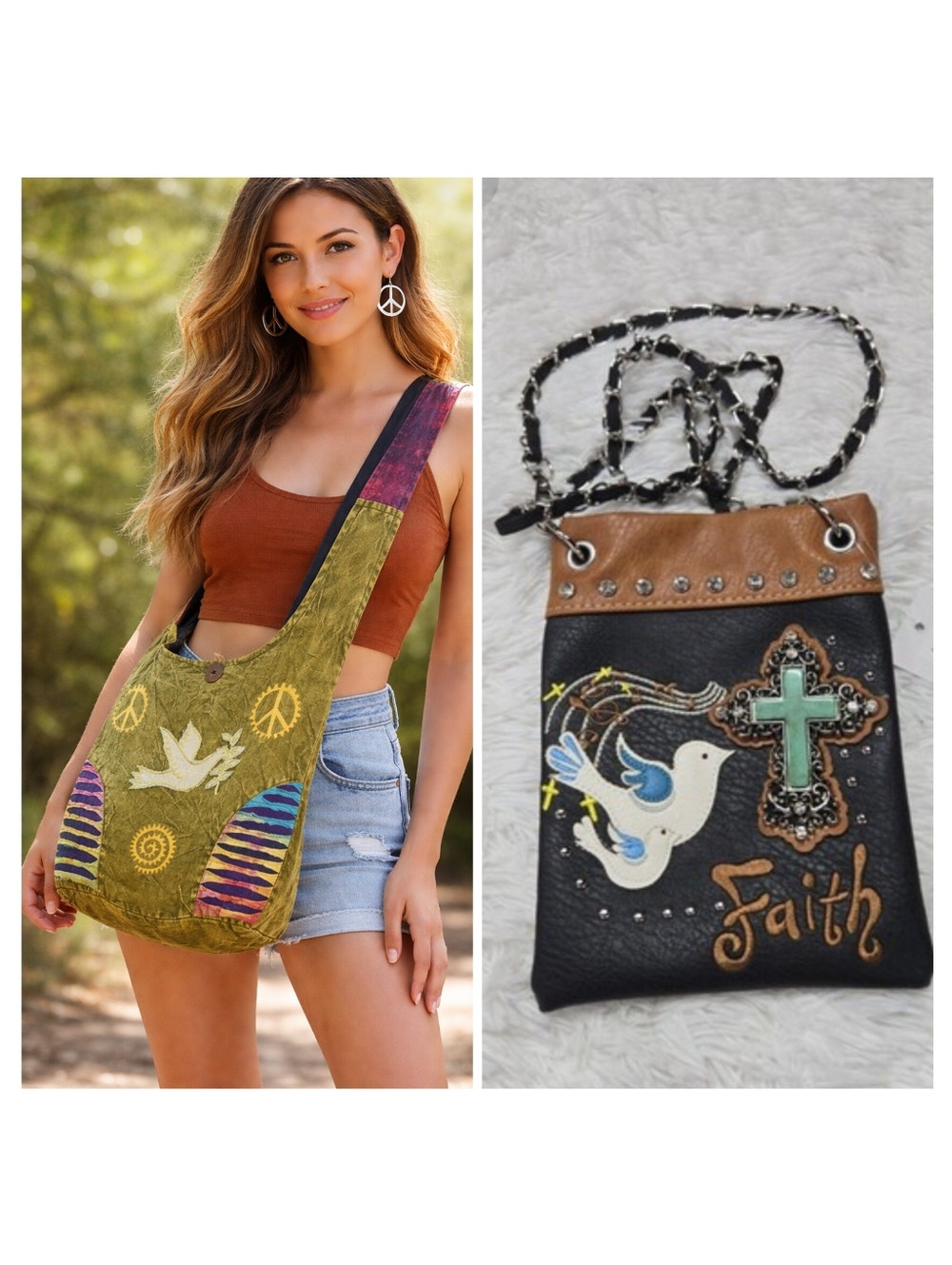 Peace Dove Flower Hippie Bohemian Hobo Green Canvas Purse & Mini Phone Purse